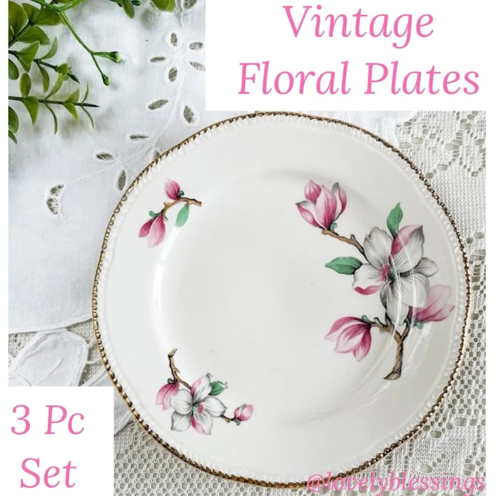 Homer Laughlin Dogwood Fine China Floral Plate Set Vintage Pink Gold Trim Pc Set